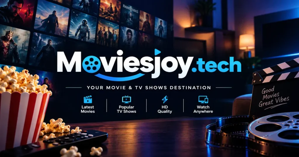 Moviesjoy.tech movie and TV shows entertainment banner with cinematic visuals and a modern streaming theme